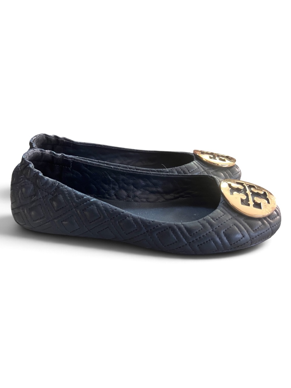 Tory Burch Navy Quilted Ballet Flats with Gold Logo